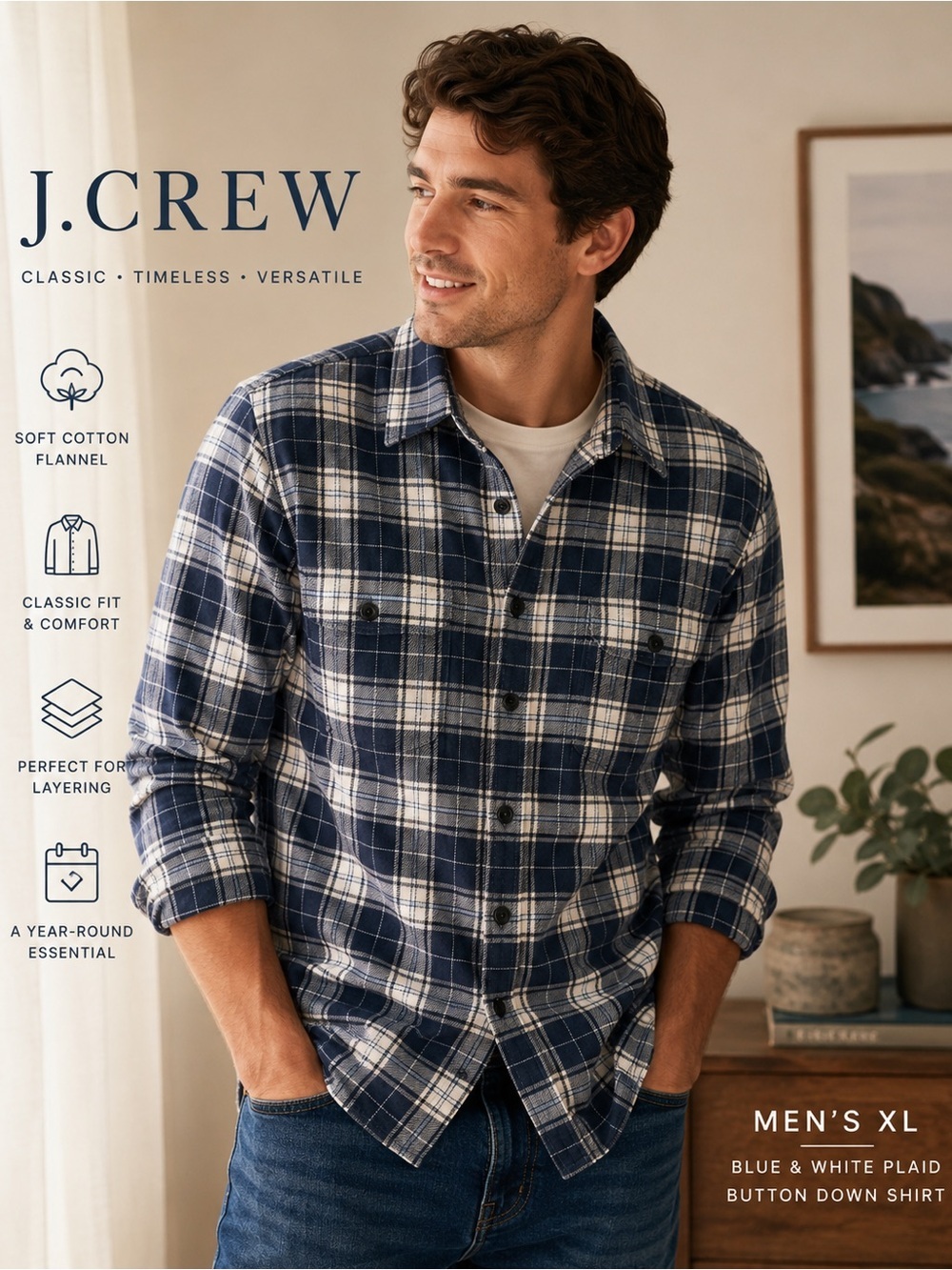 J.Crew Blue White Plaid Flannel Button Down Shirt Men’s XL Classic Cotton
